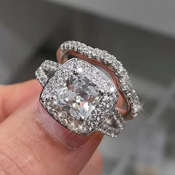 💞Square Zircon Micro Pave 925 Sterling Silver Plated Wedding Ring Set,UNVN12176 - Picture 1 of 4